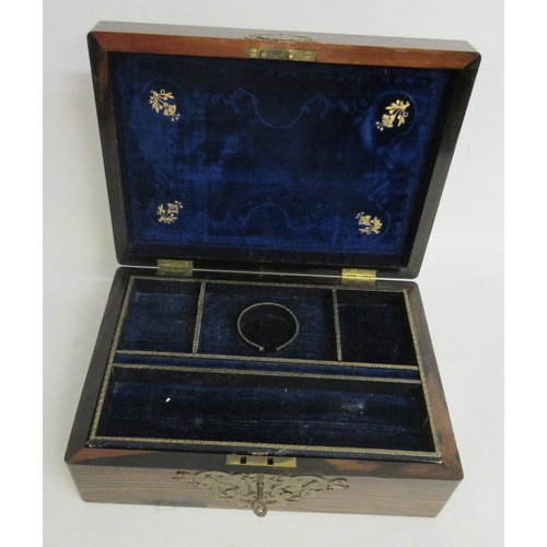 1099 - Victorian coromandel jewellery box, top and front with brass fretwork detail and inset oval porcelai... 