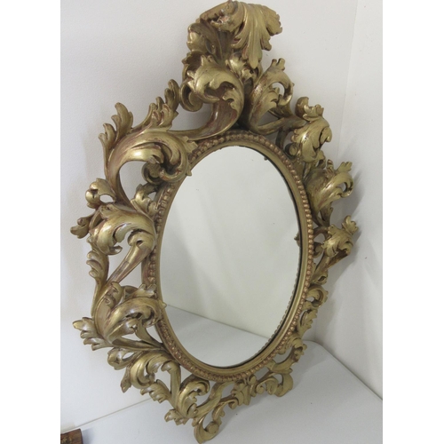 1452 - Florentine style gilt wall mirror, oval plate with beaded and acanthus scroll frame, H70cm