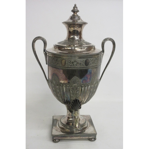 1070 - Victorian silver plated tea urn, lobed and acanthus body with two reeded handles, on square base wit... 