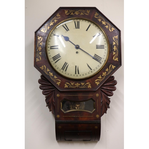 1230 - 19th Century English 8 day brass inlaid mahogany drop dial wall clock, hexagonal dial surround with ... 