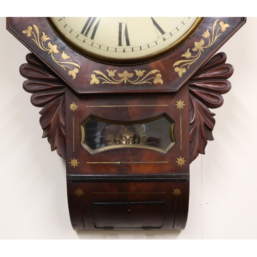 1230 - 19th Century English 8 day brass inlaid mahogany drop dial wall clock, hexagonal dial surround with ... 