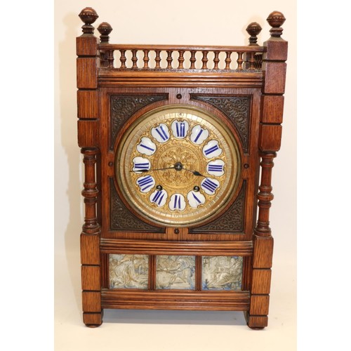 1235 - Early 20th Century French Aesthetic Movement oak mantle clock, rectangular case with ball finials sp... 