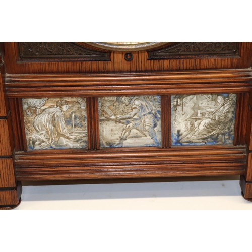 1235 - Early 20th Century French Aesthetic Movement oak mantle clock, rectangular case with ball finials sp... 