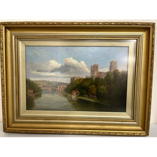 1338 - English School (19th century); Durham Cathedral, Castle and bridge with cottage in view, oil on boar... 