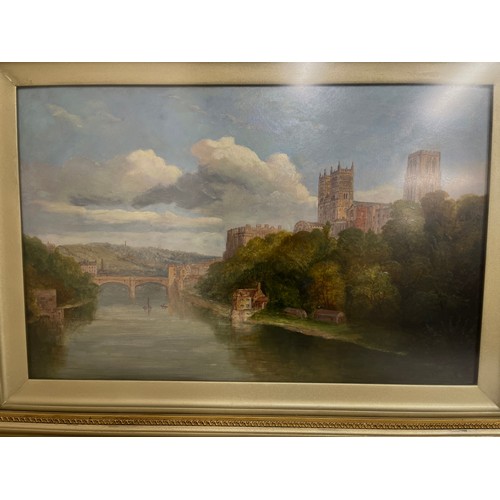 1338 - English School (19th century); Durham Cathedral, Castle and bridge with cottage in view, oil on boar... 