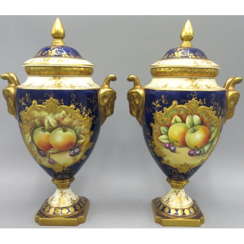 1153 - Pair of Coalport urn shaped vases and covers, hand painted in reserve panels with fruit by Mary Deni... 