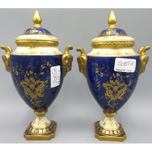 1153 - Pair of Coalport urn shaped vases and covers, hand painted in reserve panels with fruit by Mary Deni... 