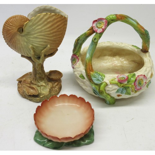 1218 - Royal Worcester posy bowl modelled as a birds nest with branchwork handle and decorated with coloure... 