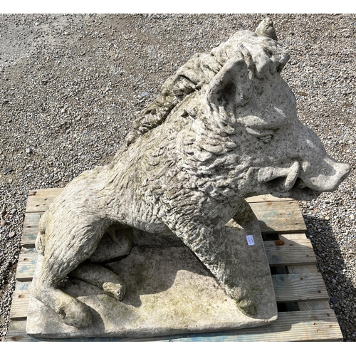 1454 - Large weathered cast stone model of a seated Boar, on rectangular base H80cm WS74cm