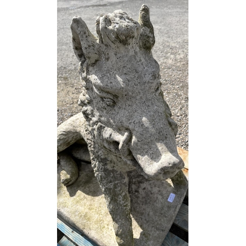 1454 - Large weathered cast stone model of a seated Boar, on rectangular base H80cm WS74cm