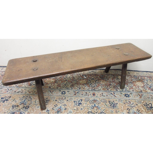 1416 - 19th century Country made long ash and elm stool, rectangular top on four outsplayed supports, W91cm... 