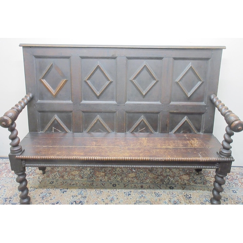 1423 - 20th century oak settle, lozenge panel back and solid seat with barley twist arms and legs, W146cm D... 