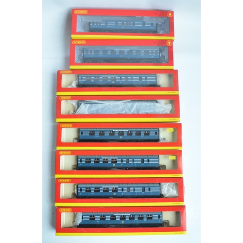 1134 - Eight boxed OO gauge LMS Coronation coaches from Hornby to include R4963A Stainier kitchen car and R... 