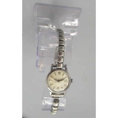 1023 - Rolex Precision ladies stainless steel wristwatch on generic bracelet, signed silvered dial, applied... 