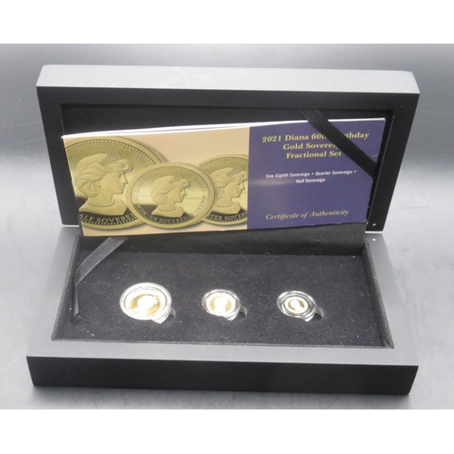 639 - 2021 Diana 60th Birthday Gold Sovereign Fractional Set, comprising half, quarter and one-eighth sove... 