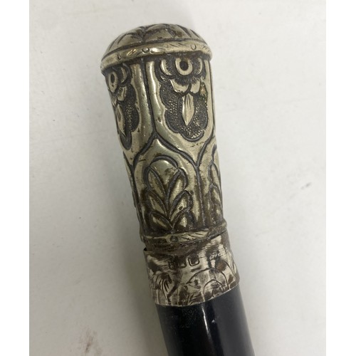 1109 - Gentleman's ebony walking cane, the silver finial with foliate repousse decoration, hallmarked, L84c... 