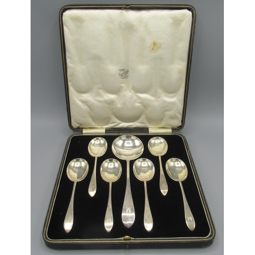 110 - George V cased set of seven silver monogrammed spoons and dated on reverse, by C W Fletcher & Son, S... 