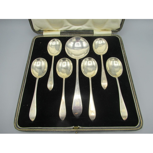 110 - George V cased set of seven silver monogrammed spoons and dated on reverse, by C W Fletcher & Son, S... 