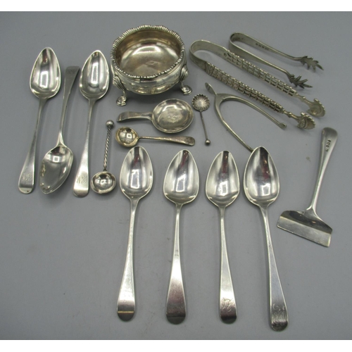 114 - George III silver trio of monogrammed teaspoons by Peter, Ann & William Bateman, London 1802, and fo... 