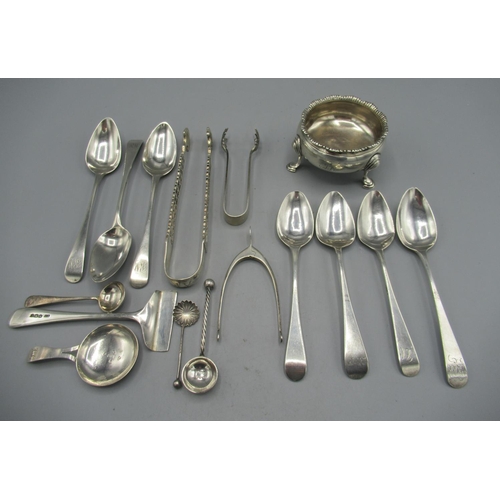 114 - George III silver trio of monogrammed teaspoons by Peter, Ann & William Bateman, London 1802, and fo... 