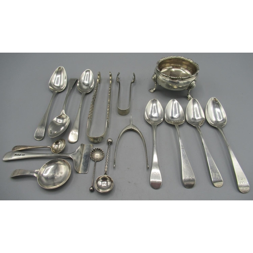 114 - George III silver trio of monogrammed teaspoons by Peter, Ann & William Bateman, London 1802, and fo... 