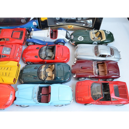 1225 - Collection of mostly 1/18 scale diecast model cars from Maisto, Burago, Mira etc. to include 4 boxed... 