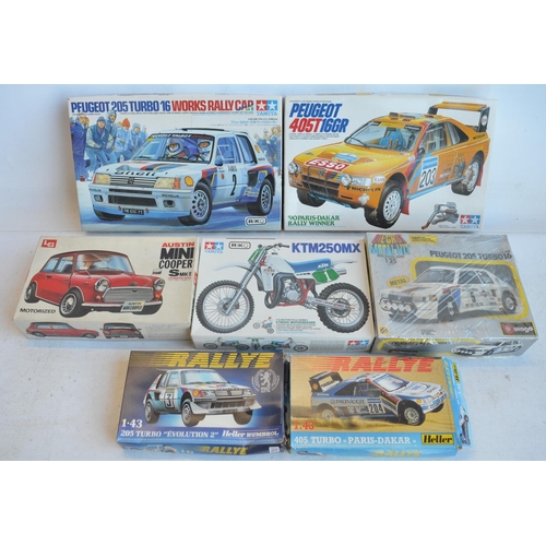 1238 - Collection of car and motorbike model kits to include 1/24 scale Tamiya Peugeot 405T16GR 1990 Paris-... 