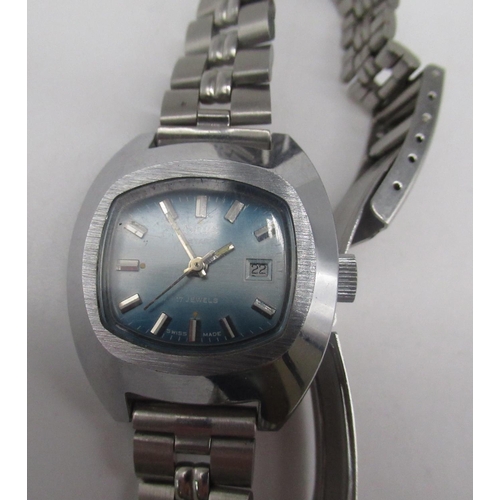 531 - Ladies Oris Star wristwatch with date on matching bracelet, signed turquoise dial, applied hour indi... 