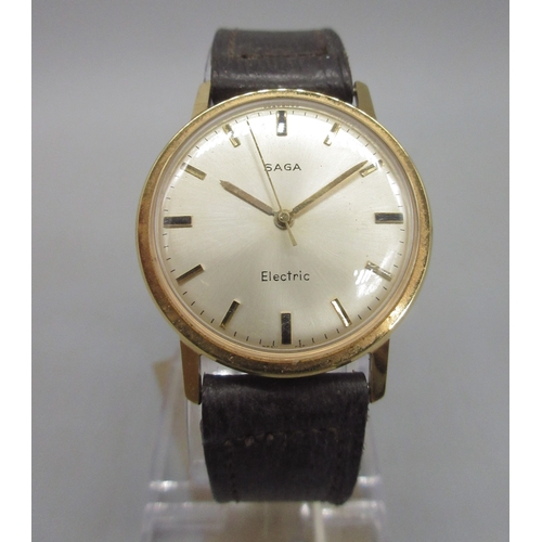 536 - Saga by Timex Model 84 gold plated electric wristwatch, signed sunburst silvered dial, applied baton... 