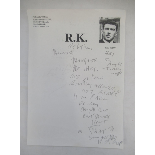 847 - Ronnie & Reggie Kray - 2 Prison Kray Twins paper signed both by Reggie Kray with a framed photocopy ... 