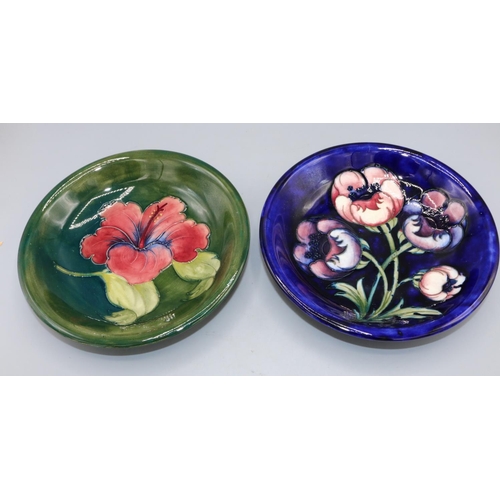 724 - Moorcroft Pottery, two D18.5cm dishes, Anemone pattern on dark blue ground, and Hibiscus pattern on ... 