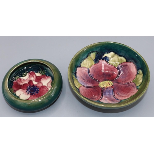 725 - Moorcroft Pottery, Clematis pattern bowl, D14cm, and an Anemone pattern bowl with inverted rim, D11c... 