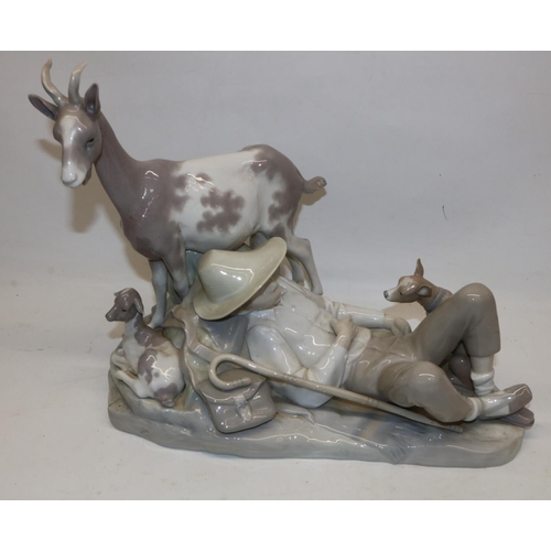 229 - Lladro figure group no. 1104, Shepherd Sleeping, goat's horn A/F, H34cm