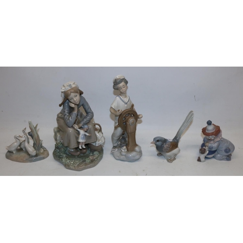 231 - Lladro figure group no. 1211, girl with doll, H22cm; two other Lladro figures; and two Nao figures (... 