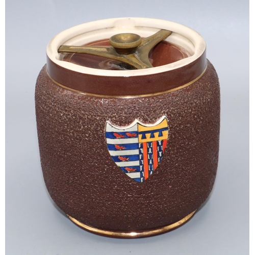 599 - Macintyre pottery 'Pembroke' brown glazed tobacco jar with coat of arms, H11.5cm