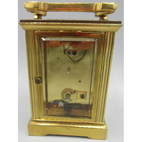 608 - Early 20th Century French brass carriage clock timepiece, white enamel Roman dial, single train move... 