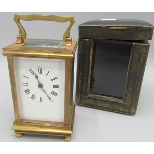 608 - Early 20th Century French brass carriage clock timepiece, white enamel Roman dial, single train move... 