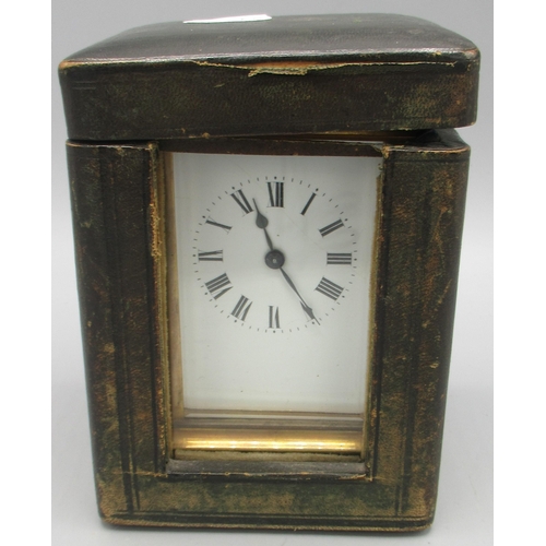 608 - Early 20th Century French brass carriage clock timepiece, white enamel Roman dial, single train move... 