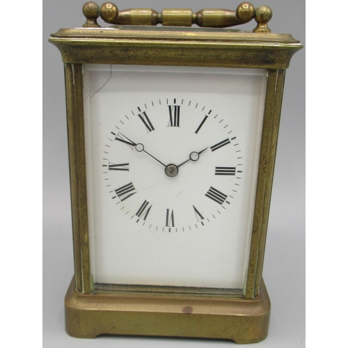 609 - Late 19th Century French brass carriage clock, white enamel Roman dial, two train movement striking ... 