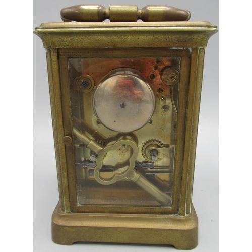 609 - Late 19th Century French brass carriage clock, white enamel Roman dial, two train movement striking ... 