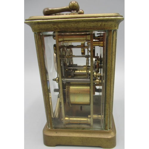 609 - Late 19th Century French brass carriage clock, white enamel Roman dial, two train movement striking ... 