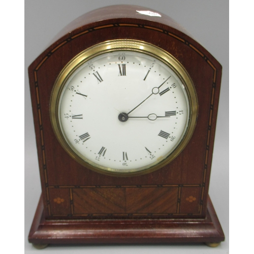 615 - 20th Century inlaid mahogany 8 day mantle timepiece, 3 1/2