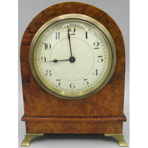 617 - 20th Century figured walnut 8 day mantle timepiece, 3 1/2