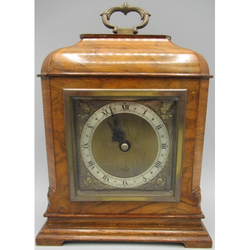 618 - Elliott London, 20th Century figured walnut 8 day mantle timepiece, signed brass dial, applied Roman... 