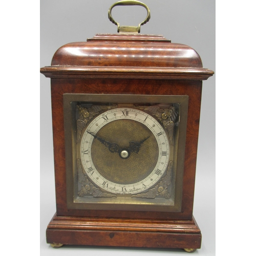 619 - Elliott London, 20th Century figured walnut 8 day mantle timepiece, brass dial, signed applied Roman... 