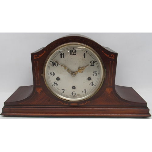 624 - 20th Century Continental inlaid mahogany mantle clock, silvered Arabic dial, three train Westminster... 