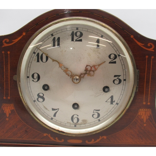 624 - 20th Century Continental inlaid mahogany mantle clock, silvered Arabic dial, three train Westminster... 