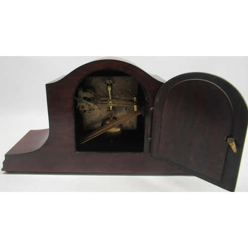 624 - 20th Century Continental inlaid mahogany mantle clock, silvered Arabic dial, three train Westminster... 