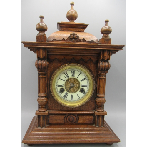 626 - H.A.C. early 20th century oak mantle clock, carved and moulded case, Roman dial, two train striking ... 