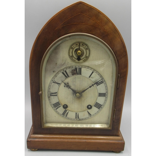 627 - Winterhalder & Hofmeier, early 20th century mahogany mantle clock, lancet case with boxwood stringin... 